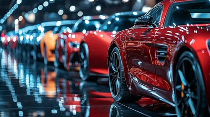 A variety of sleek sports cars showcased in a modern automotive exhibition hall.
