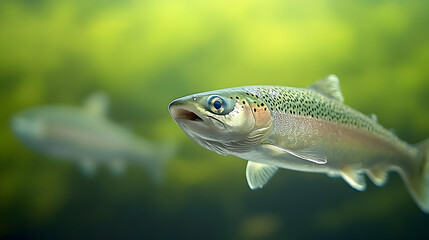 Fototapeta premium Close Up Of Rainbow Trout Swimming With Green Blurred Background Displaying Aquatic Wildlife