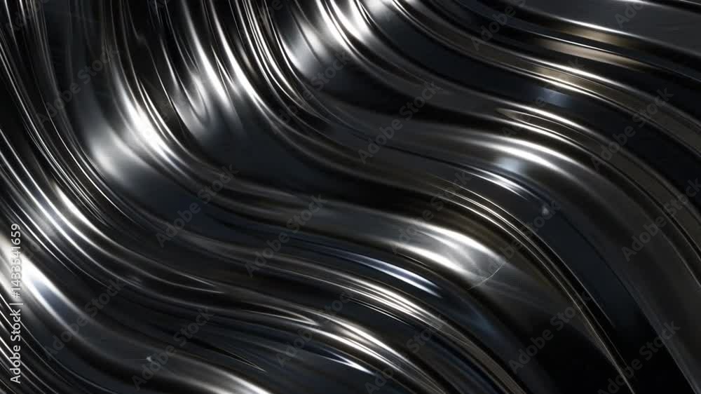 Poster sleek metallic surface with flowing waves and shiny texture, reflecting light in dynamic pattern tha