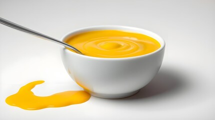"Photorealistic Mustard Sauce in a White Bowl with Metallic Spoon and Futuristic Sci-Fi Elements in Vibrant Complementary Colors"

