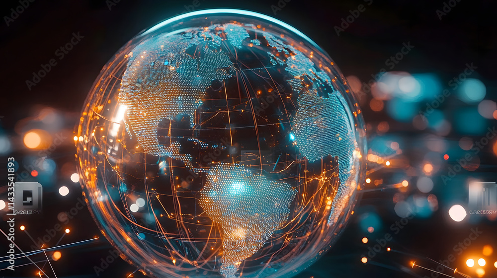 Poster a digital globe with glowing connections and blurred businesspeople in the background serves as a sy