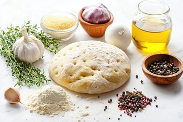 Fototapeta premium Focaccia ingredients on white background. AI generated illustration.