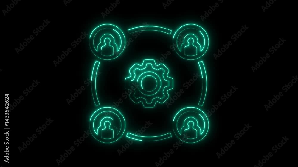 Aufkleber neon teamwork concept animation with gear and people network connection glow tech interface