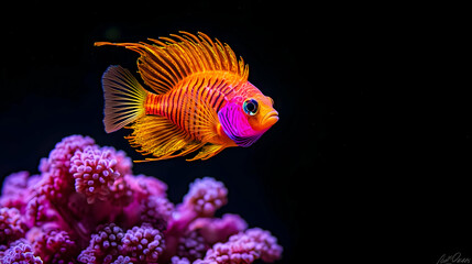 Vibrant Orange And Pink Pixelated Fish With Yellow Fins Swimming Near Pink Coral Against Black Background