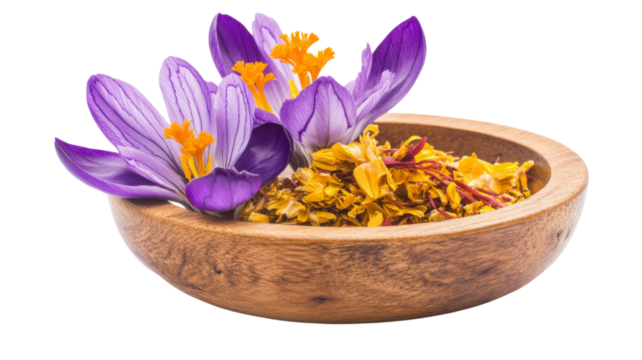 Saffron stigmas and flowers resting in a wooden bowl on a transparent background