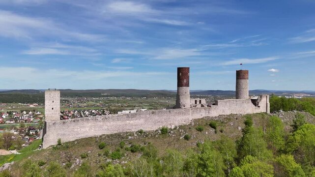 Drone shot of Checiny Royal Castle in Poland