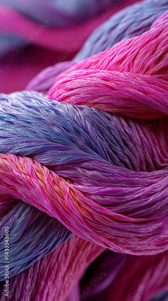 Poster abstract image of intertwined purple and pink textile fibers creating a flowing, textured pattern, s