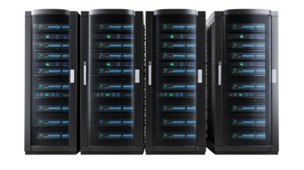 Server racks blinking in a data center with transparent background