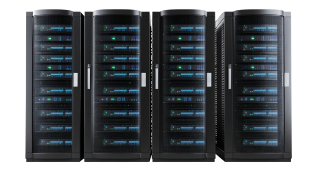 Server racks blinking in a data center with transparent background