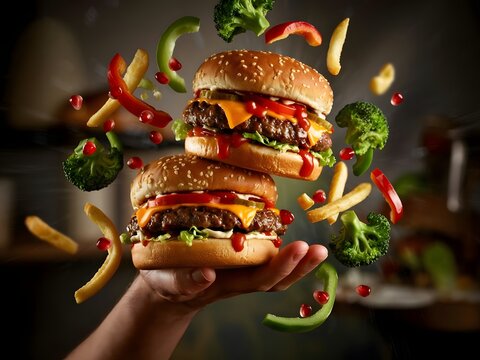 Delicious Double Cheeseburgers with Flying Fries and Vegetables