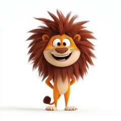 Obraz premium Cheerful Cartoon Lion with Fluffy Mane on White Background