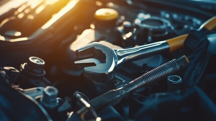 Fototapeta premium Automobile engine tools and components used for repair work