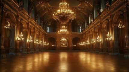Obraz premium A lavish grand ballroom showcasing ornate architecture and sparkling chandeliers