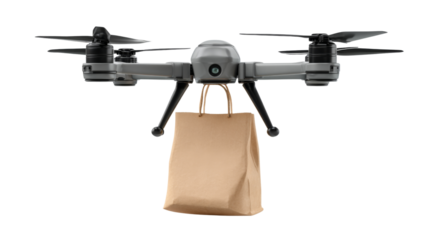 Grey modern quadcopter drone delivering shopping bag on transparent background