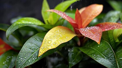 Close-up video of vibrant green leaves accented by yellow and orange foliage adorned with water droplets against a dark background simulating rain. Details include leaf texture and color variations - Powered by Adobe