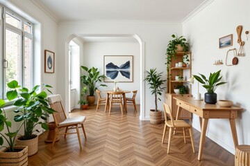 Modern and Cozy Interior Design with Green Plants and Natural Light in a Minimalistic Room