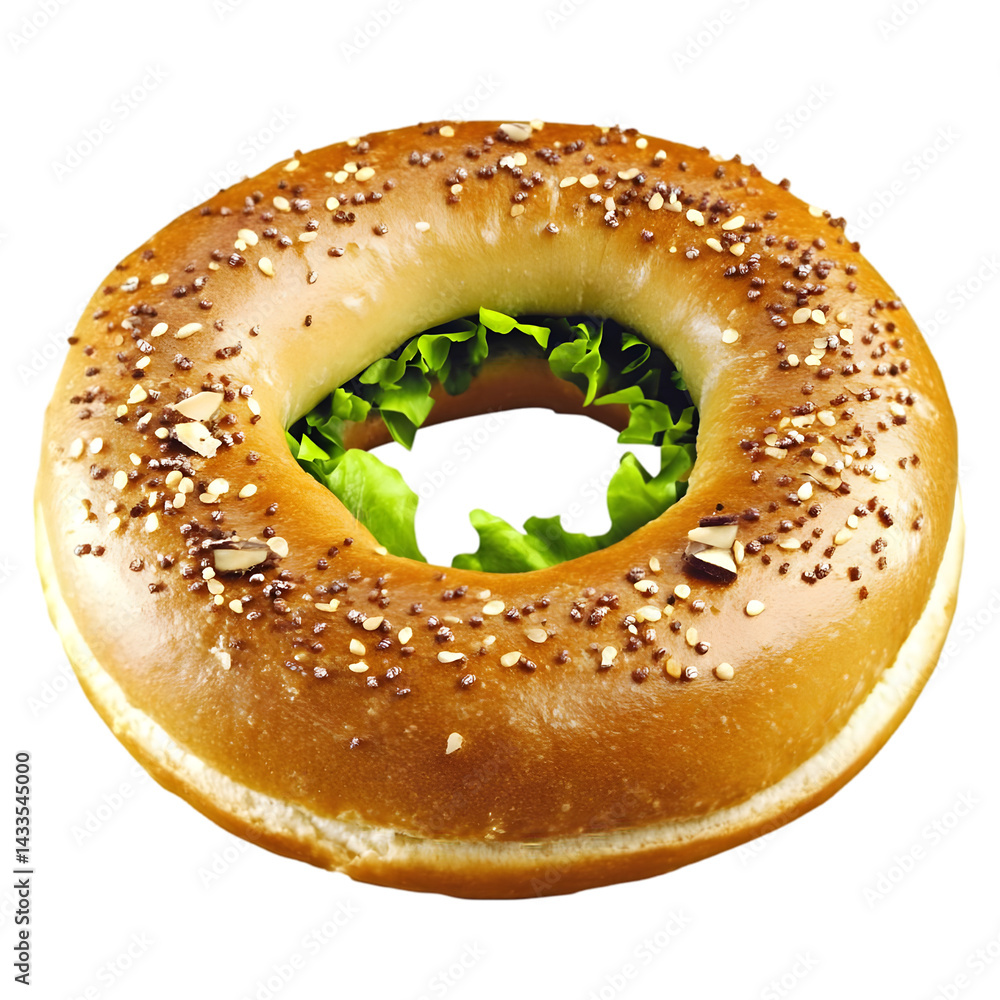 Poster isolated bagel with seeds and green filling on transparent background
