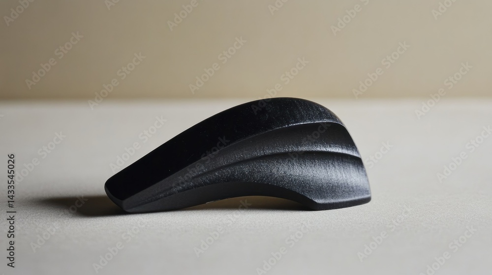 Poster a smooth black curved object rests on a plain surface