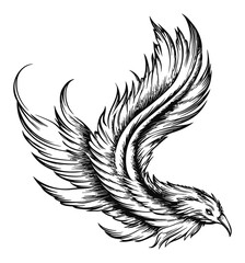 Elegant Engraving of a Stylish Bird in Flight with Detailing