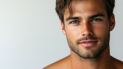 Obraz premium Young adult man smiles, presenting confidence, demonstrating clean fresh look, radiates modern masculinity with calm attitude.