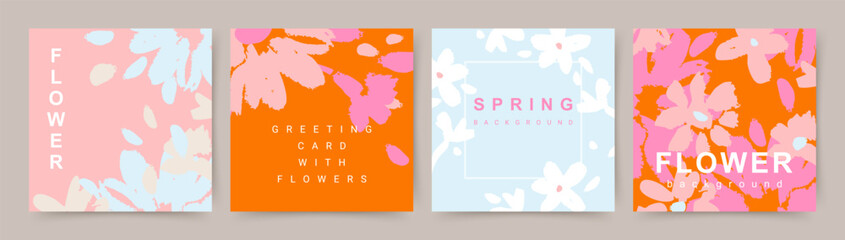 Modern floral background set. Abstract flower card template with brush texture. Vector illustration design for social media post, cover, poster, greeting card, birthday, invitation © Feodora_21