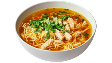 Steaming chicken noodle soup with fresh parsley in bowl on transparent background