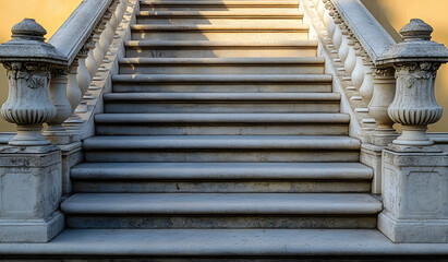 Fototapeta premium A classical building's facade is characterized by a row of stone pillars and intricately designed stairs