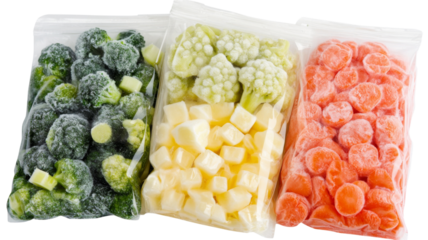 Frozen vegetables preserving freshness in plastic bags on transparent background