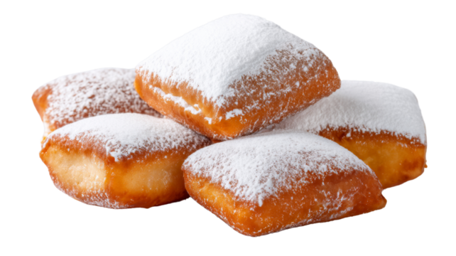 Delicious beignets covered with powdered sugar on transparent background