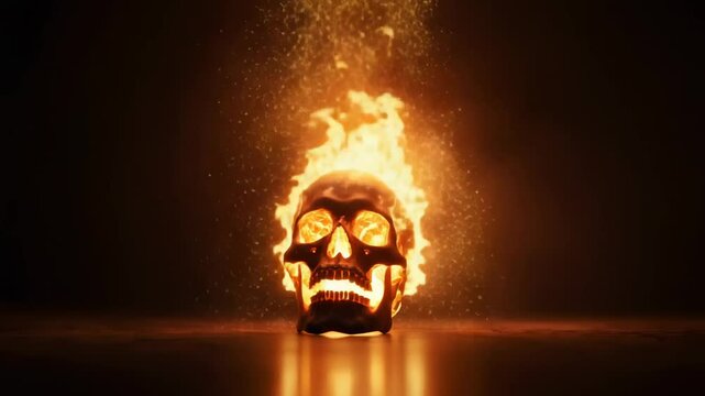 Burning Skull with Fire Flames and Sparks Slow Motion