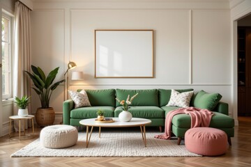 Cozy Living Room with Green Sofa, Decorative Cushions, and Minimalist Home Decor Elements