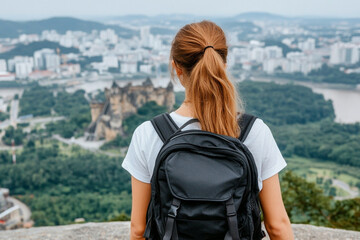 Exploring the panoramic views from the hillside overlooking the city, a traveler pauses to appreciate the landscape