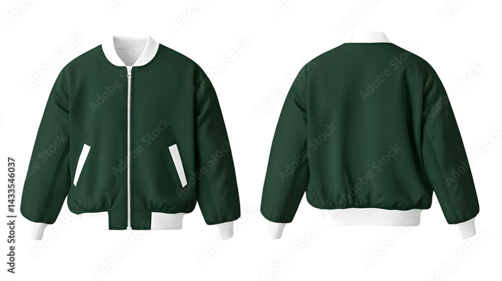 Poster isolated bomber jacket front and back view with green and white color design