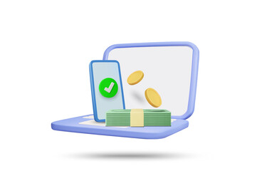 3D illustration vector render icon of laptop, banknotes, coins, mobile phone, check mark isolated on white. Concept of online finance management, digital banking, payment, e-wallet, remote financial.