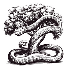 Fototapeta premium Engraving of Snake Wrapped Around Tree in Black and White Illustration