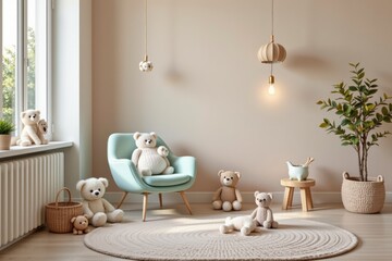 Cozy and Inviting Children's Room with Soft Toys and Neutral Tones for a Calm Atmosphere