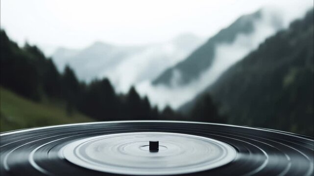Vinyl record close-up with misty mountain landscape
