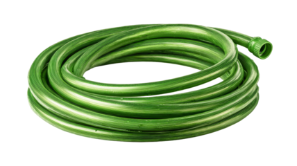 Green garden hose coiled up on transparent background