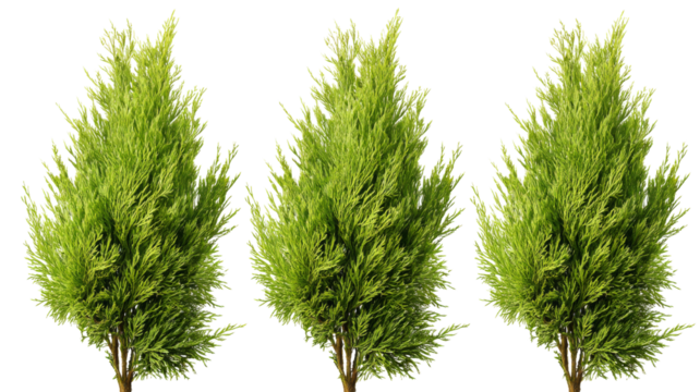 Three lemon cypress trees growing on transparent background