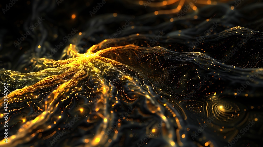 Poster abstract background featuring flowing waves of glowing golden particles and intricate light trails o