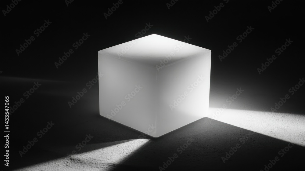 Poster a geometric illuminated cube casting shadows against a dark backdrop