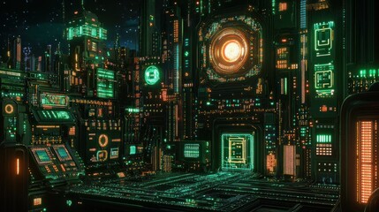 Fototapeta premium Futuristic cityscape rendered with glowing lights and complex technological details