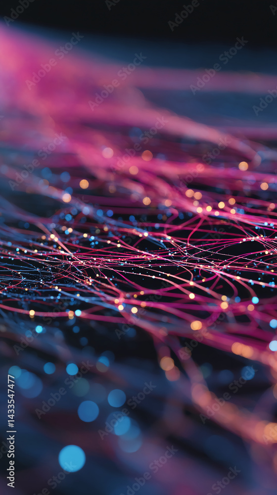 Poster abstract image of glowing pink and blue lines and bokeh lights on dark background, suggesting connec