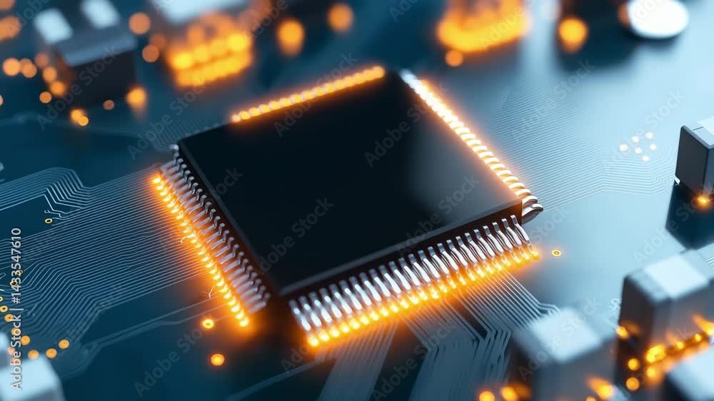 Poster high tech microchip close up advanced technology circuit board detail