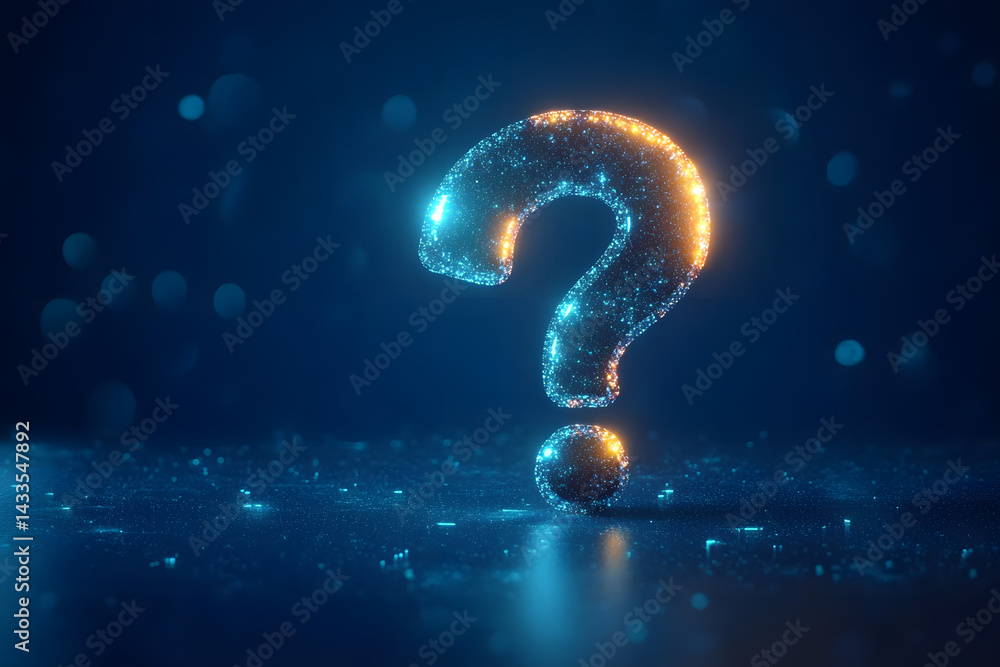Poster a 3d rendering of an abstract glowy question mark interface on a blue background. technology, inform