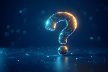 A 3D rendering of an abstract glowy question mark interface on a blue background. Technology, information, online help, and problem solving concept.