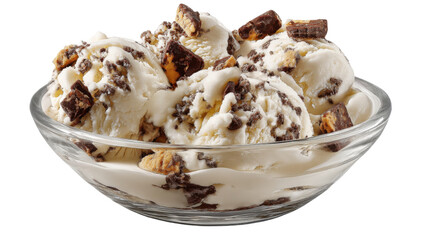 Glass bowl of vanilla ice cream with chocolate cookie crumbles on transparent background