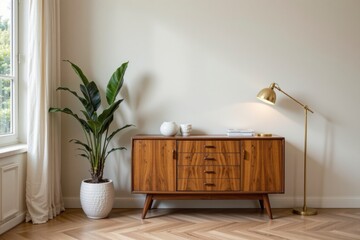 Stylish Mid-Century Wooden Sideboard with Houseplant in Modern Living Room Interior Design