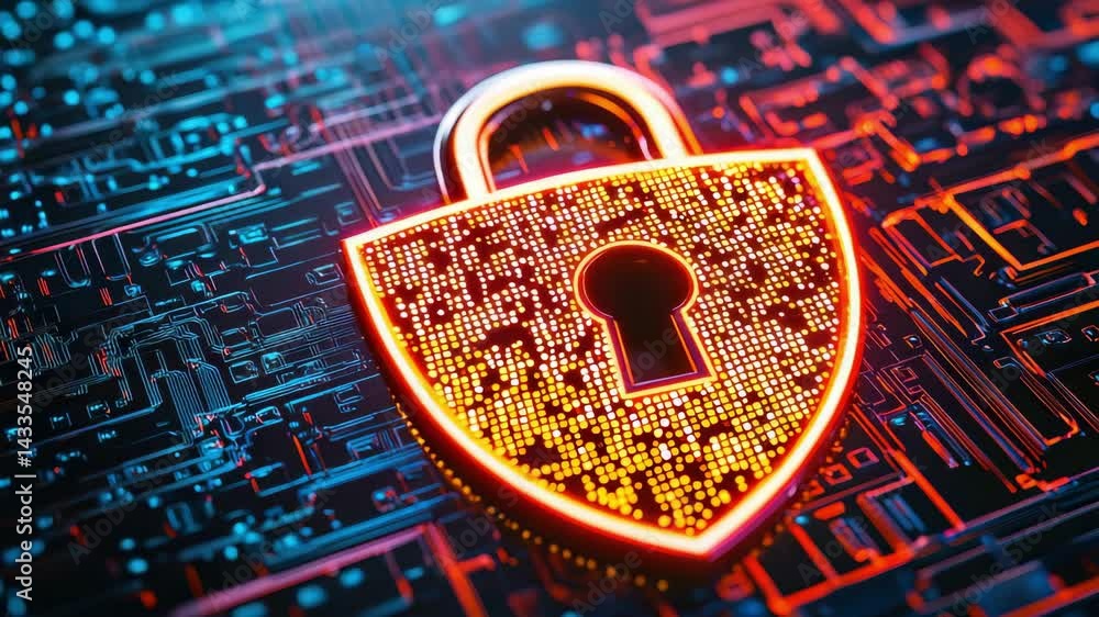 Poster digital security shield illuminated padlock on circuit board representing cyber protection