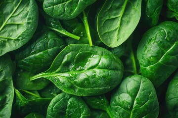 Obraz premium Fresh spinach leaves arranged on a clean surface with natural lighting and minimal styling. AI generated illustration.